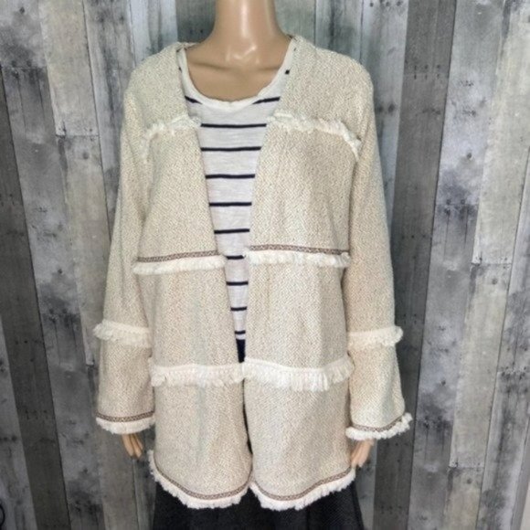 Fringe Accent Open Front Cream Boho Sweater NEW Size Large NWT - Picture 3 of 11
